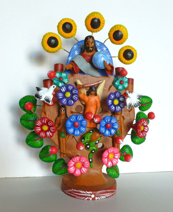 Mexican Tree of Life Adam and Eve Sculpture Clay Painted Detailed Large